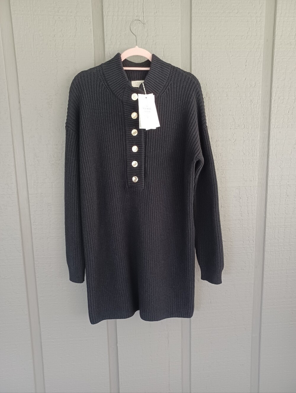 Sezane Luan Sweater Mini Dress Size M Long Sleeve Black Wool Blend Button Preppy